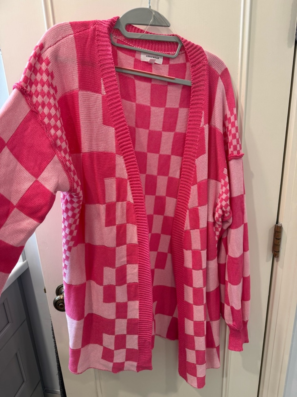 Pink Checkerboard Open Cardigan Sweater